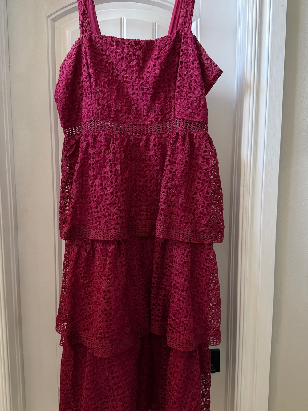 Lulu's Burgundy Tiered Crochet Midi Dress